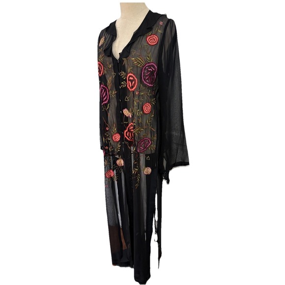 Vtg 90s Sheer Black Duster Floral Embroidered Ruffled Sleeves Sz M Whimsigoth Bo - Picture 4 of 8